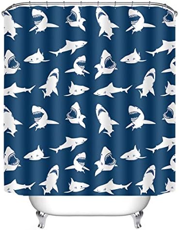 POPS AMERICA Mildew Resistant White Bath Curtains 72" X 72" - Fierce Shark Navy Blue Shower Curtain Liner Waterproof Polyester Fabric Bathroom Decor Set with 12 Hooks
