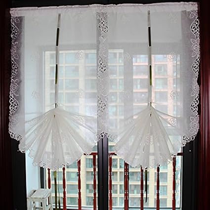 White Lace Embroidered Tie Up Balloon Shade Curtain Sheer Voile