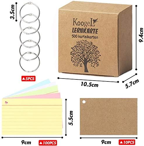 Koogel Mini Flash Cards A8, 500pcs Colour-Coded Ruled Index Cards with Rust-Resistant Metal Rings - Image 3
