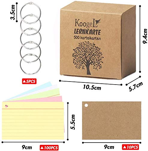 Koogel A8 Ruled Index Crads, 500Pcs Revision Cards Assorted Colours Record Cards for Office School Learning