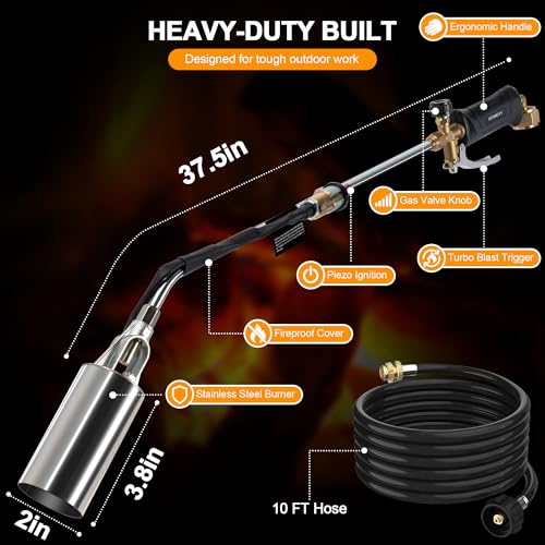 Propane Torch Kit Heavy Duty Weed Burner, 1,800,000 BTU Flame Thrower Gun with Built-in Igniter, with 30" High Flame, 10FT Hose, Detachable Long Reach Torch for Weeds, Ice, Snow, Asphalt