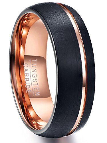 Nuncad Rose Gold Tungsten Carbide Wedding Band Ring Grooved Black Brushed Finish Comfort Fit Size 7 to 12