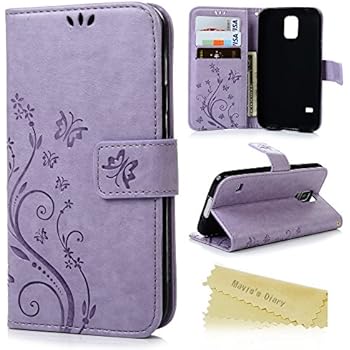 S5 Case, Samsung Galaxy S5 Case - Mavis's Diary Premium Wallet PU Leather with Fashion Embossed Floral Butterfly Magnetic Clasp Card Holders Flip Cover with Hand Strap - Light Purple