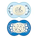 MAM Night Pacifiers (2 Count), MAM Pacifiers 6+ Months, Best Pacifier for Breastfed Babies, Glow in the Dark Pacifier, Blue and Gray