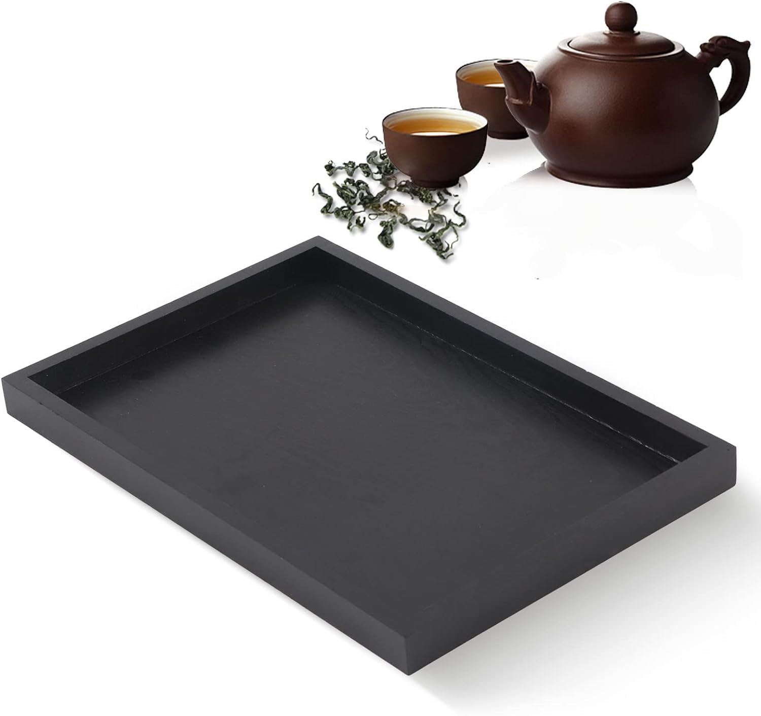 ZPSHYD Rectangular Wooden Tea Tray, Rectangle Shape Solid Wood Tray Black for Kitchen Counter Coffee Accessory(25 * 18 * 2cm)