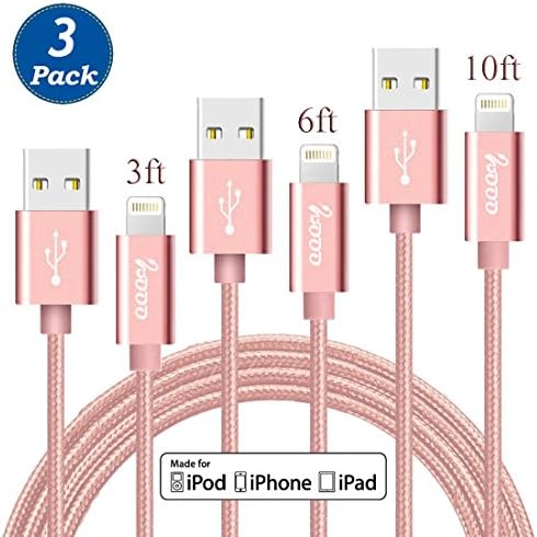 WOOO [3 Pack] 3FT 6FT 10FT 8 Pin Lightning to USB Cable Sync and Charging Cable Cord for iPhone 7/7 plus/ 6/6s/6 plus/6s plus, 5c/5s/5/SE, iPad Air/Mini, iPod Nano/Touch iOS 10 (Rose Gold)