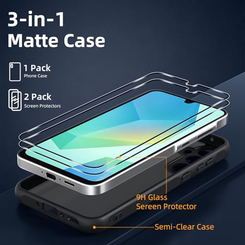 Vauki Matte Case for Samsung Galaxy A16 5G with 2 Tempered Glass, Translucent Shockproof Military Rear Protection Cover, Anti-Scratch Anti-Yellow Hard Frosted Case with Camera Protection, Black