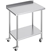 VEVOR 24 x 36 x 40 Inch Stainless Steel Work Table, Commercial Food Prep Worktable with Casters, Heavy Duty Prep Worktable, M