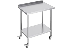 VEVOR 24 x 36 x 40 Inch Stainless Steel Work Table, Commercial Food Prep Worktable with Casters, Heavy Duty Prep Worktable, M