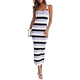 Saodimallsu Womens Striped Bodycon Midi Dress Sleeveless Square Neck Color Block Knit Summer Tank Dresses