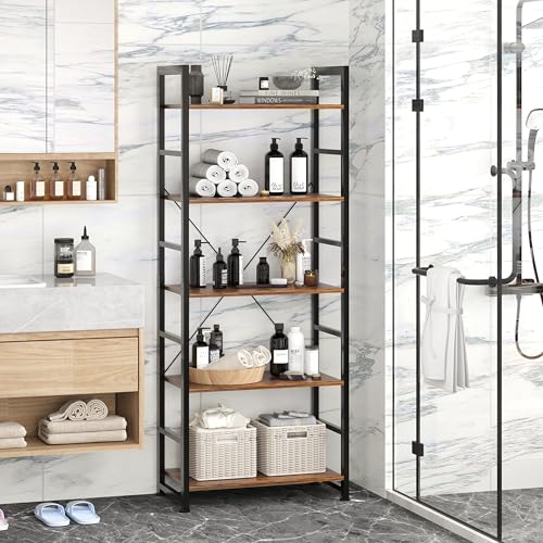 VERMESS Industrial Bookshelf, 5-Tier 24inch Shelving Unit Wood Bookcase with Open Shelves, Standing Bookshelves Metal Frame Display Rack for Living Room,Bedroom, 24.8 * 11.8 * 63 inch，Rustic Brown
