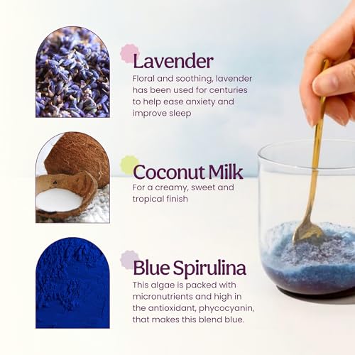 Blume Blue Lavender Superfood Latte Powder – Organic Lavender Tea Powder, Blue Spirulina, Blue Butterfly Pea Flower Tea, Chamomile, Coconut Milk - Caffeine Free, Vegan, 1g Sugar - 25 Servings