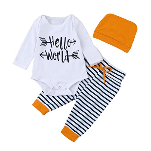 WuyiMC Newborn Kids Baby Boy Girl Cotton HELLO WORLD Tops Romper Pants Hat 3Pcs Outfits Set Clothes (3-6 Months,80CM, White)