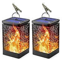 Solar Lantern Lights, Waterproof Outdoor Hanging Solar Lights with Dancing Flame and Dusk to Dawn Auto Turn On/Off Function, Solar Flame Landscape Lights for Garden Patio and Yard (2 Pack)