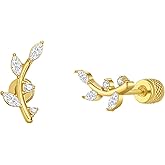 Seraphina 14K Gold Plated Cubic Zirconia Leaf Stud Earrings for Women Hypoallergenic Screw Back Flatback Cartilage Helix Earrings