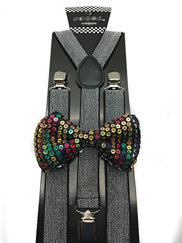 Mens & Women Wedding Accessories Rainbow Sequin Adjustable Bow Tie Silver & Glitter Suspenders