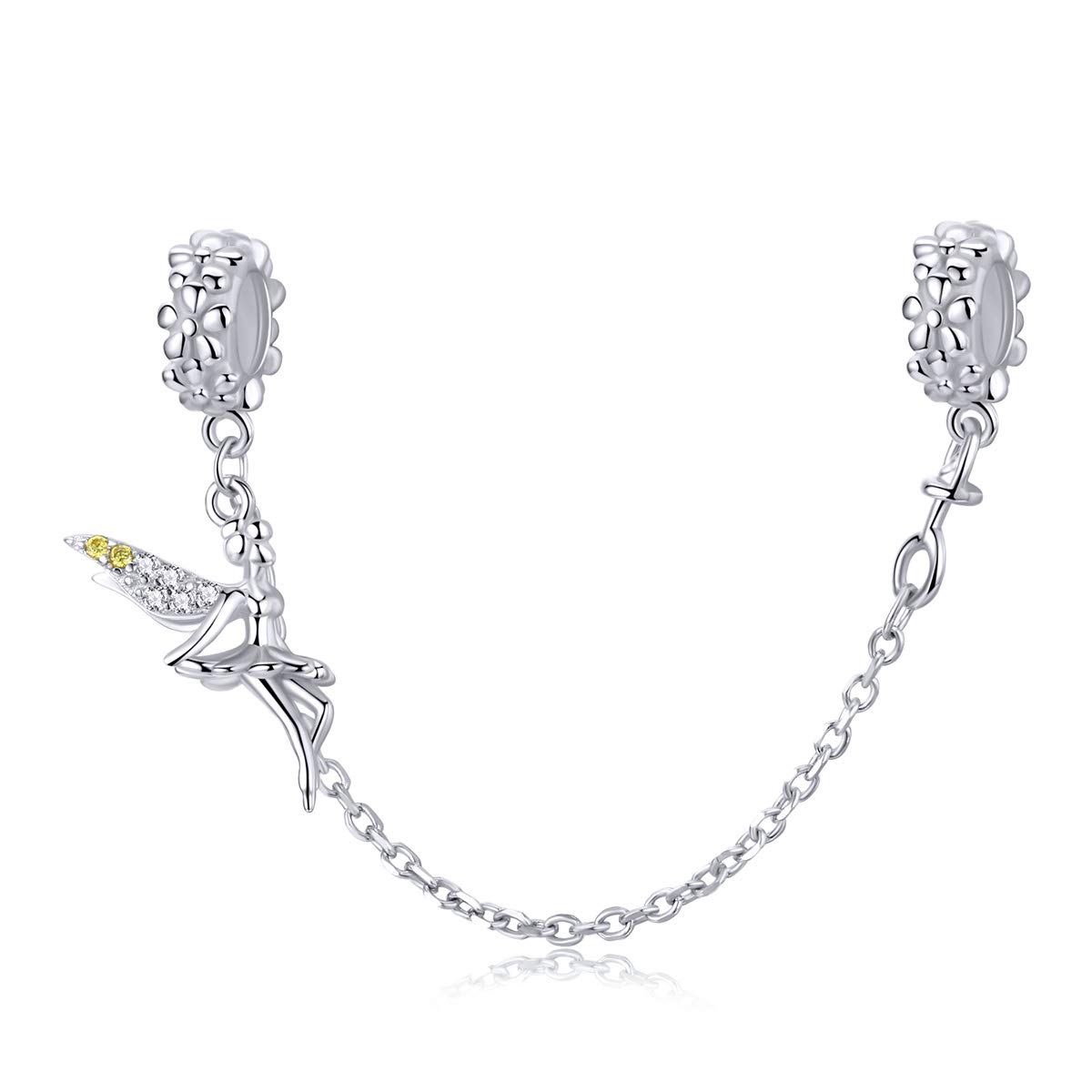 925 Sterling Silver Beads Safety Chain Stopper Charms For Pandora Women's European Style Snake Chain Bracelet Jewelry (Flower Elf Safety Chain)