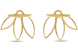 WISHROCKS Lotus Flower Ear Jacket Stud Earrings for Women in 14k Gold Plated Sterling Silver With Push Back Womens Jewelry Gift her