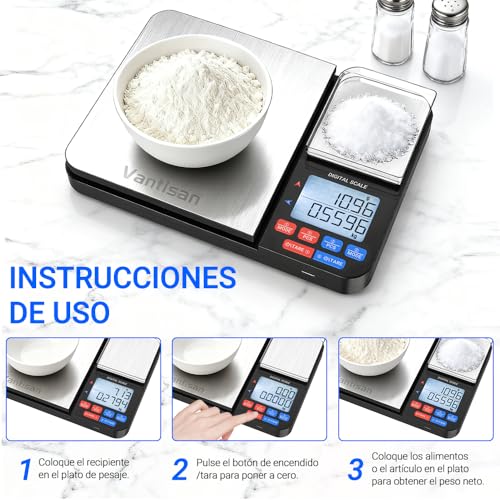 Vantisan Báscula digital de doble plataforma para cocina y alimentos,Báscula para Alimentos 0.3 g/5 kg y 0,03 g/500 g,Utilizable con Carga USB y Batería (incluida),acero inoxidable