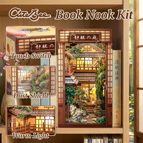 CUTEBEE Book Nook Kit - Kit de Casa de Muñecas para Adultos, Casa Miniatura Japonesa con Luz LED, Decoración para Estantería, (Serene Courtyard)