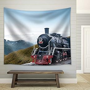 Vintage Black Steam Powered Railway Train - Fabric Wall Tapestry Home Decor - 51x60 inches