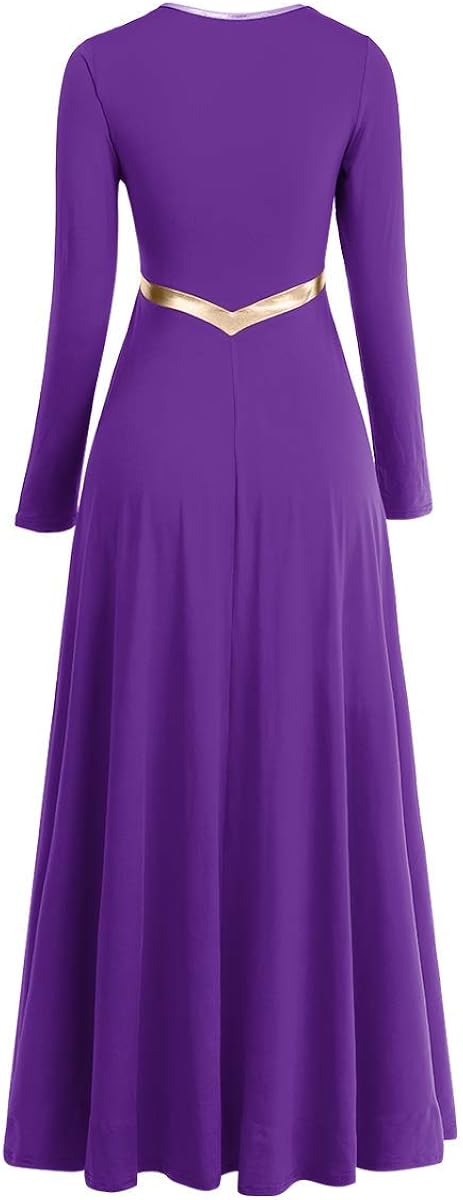 Women Metallic Cross Liturgical Praise Dance Dress Lyrical Dancewear Color Block Full Length Robe Worship Costume: Clothing