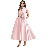 Flower Mother of The Bride Dresses for Women Cap Sleeve V Neck Formal Evening Dress with Pockets