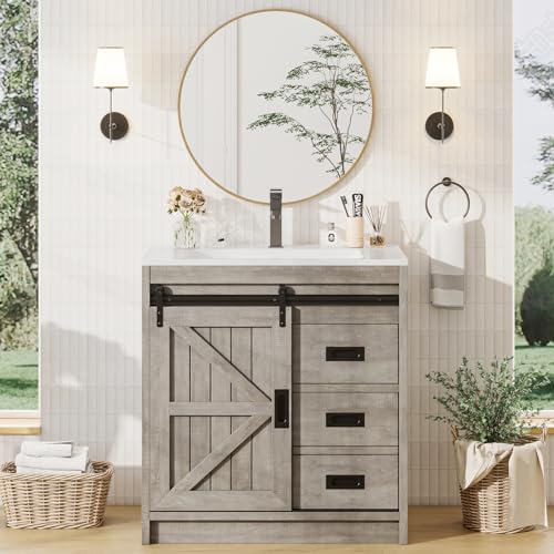 Jocisland Farmhouse Bathroom Vanity with Sink Combo, 31in Sliding Barn Door Bathroom Vanity Cabinet Set with Storage Drawers, Metal Handles, Small Single Bath Storage Vanity Sink, Light Grey