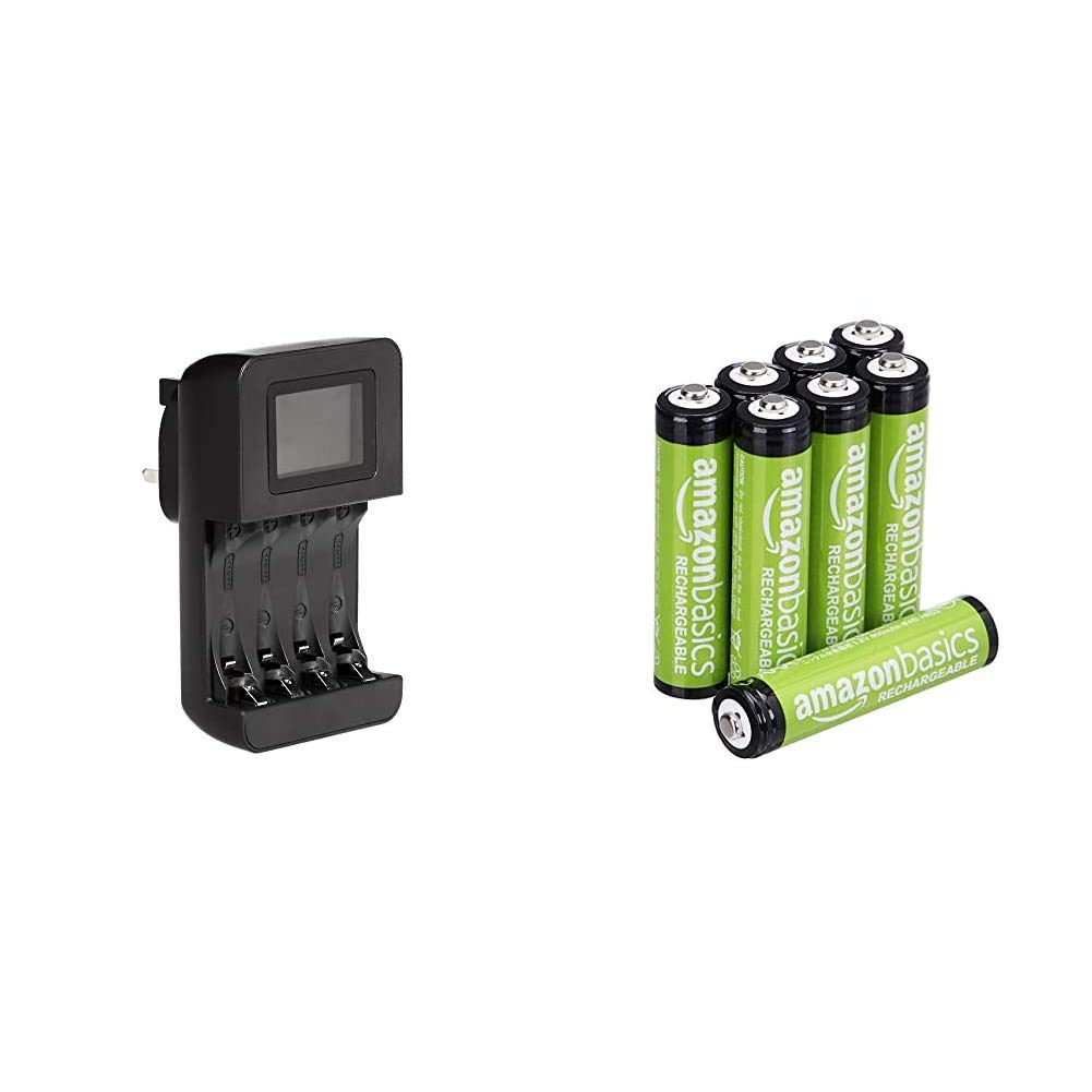Amazon Basics Intelligent Digital Battery Charger for 4 AA, AAA & AAA Rechargeable Batteries, Pre-charged - Pack of 8 (Appearance may vary)