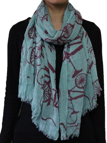 Rusty Red Bicycle/Bike/Wheel Print W/ Baby Fringe Cotton Scarf Aqua Green