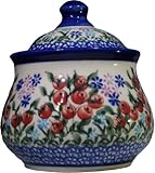 Polish Pottery Ceramika Boleslawiec 0051/282 1-Cup Iza Sugar Bowl, Royal Blue Patterns, Red Berries and Green Leaves Accented with Daisy Clusters