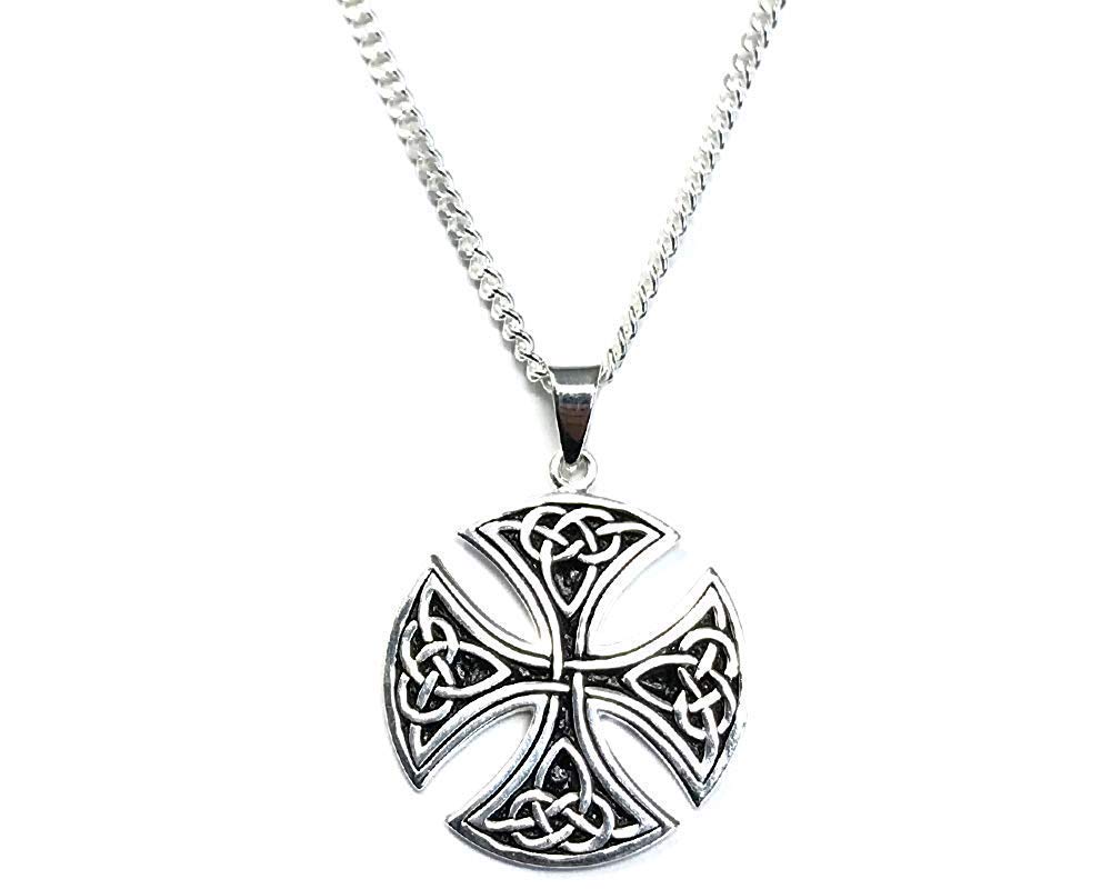 Strictly Gifts Unisex Silver Large Round Irish Celtic Cross Trinity Triquetra Knot Pendant for Men or Women 925 Sterling Silver with Gift Box (Pendant with Silver Necklace 60cm)