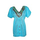Mogul Interior Sky Blue Embroidered Top Tunic Women's Boho Hippie Tank Blouse L
