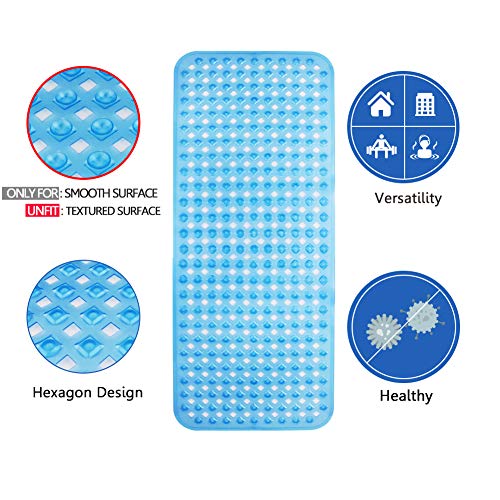 Wimaha Non Slip Bathtub Mats Long (34.5 x 15.5) Shower Bath Mat for Bathroom Tub Stall, Machine Washable, Ideal for Kids Elderly Baby, Clear Blue