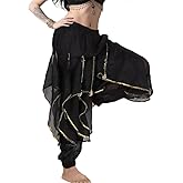 Women‘s Belly Dance Harem Pants with Golden Trim High Waist Stretchy Pants for Yoga Practice Stage Performance