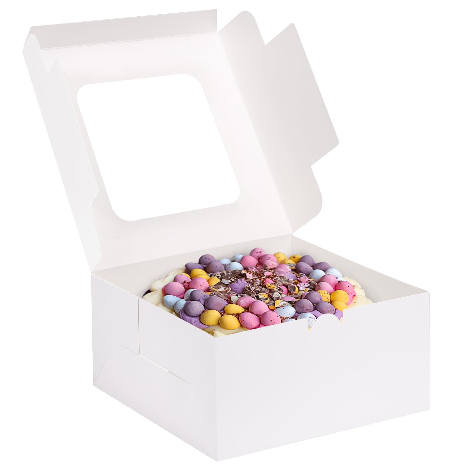 Photo 1 of Moretoes 24pcs Cake Boxes, 10x10x5 Inches White Square Bakery Boxes with Window Cajas Pasteles for Cake, Mother's Day, Pastries, Chocolates, Cookies, Pie, Birthday Party, Wedding