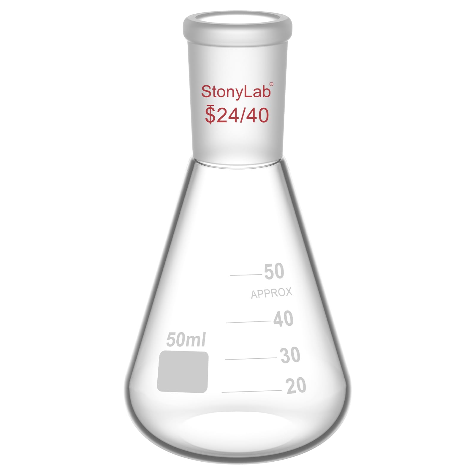 StonyLab Glass 24/40 Erlenmeyer Flask, Borosilicate Glass Heavy Wall Flask with 24/40 Standard Taper Outer Joint, 50ml