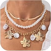 Chunky Gold Layered Choker Necklace for Women Trendy Large Flower Baroque Pearls Pendant Necklaces Fashion Pearls Beaded Floral Jewelry Balls Accessories