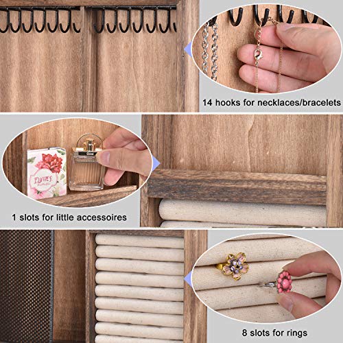 Keebofly Wall Mounted Jewelry Organizer With Rustic Wood Large Space Jewelry Cabinet Holder for Necklaces, Earrings, Bracelets, Ring Holder, and Accessories (Carbonized Black )