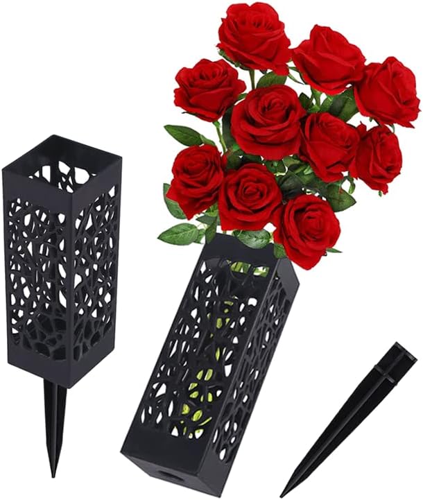Decorative Garden Stakes - Bocola Grave Artificial Flower Vase for Cemetery Decorations 2 Headstones Fake Floral Holder with Spikes Outdoor Tombstone Markers Memorials