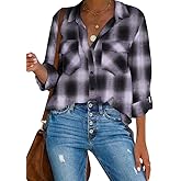 HOTOUCH Women Long Sleeve Roll Up Plaid Long Sleeve Lightweight Oversized Flannel Jacket Tunic Black and Purple S