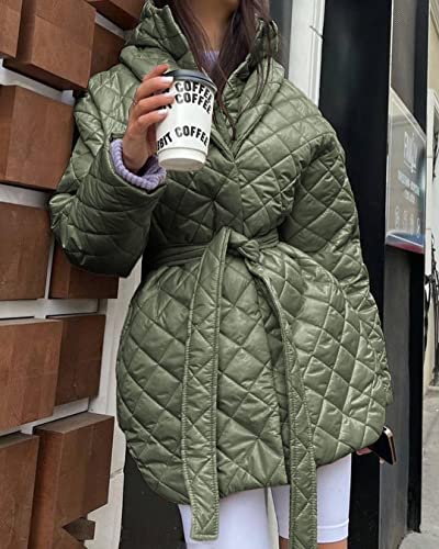 BTFBM WOMEN BUTTON DOWN QUILTED JACKET COAT 2023 FALL WINTER FASHION BELT POCKETS REMOVABLE PADDED HOOD PUFFER OUTERWEAR(SOLID GREY GREEN, SMALL)