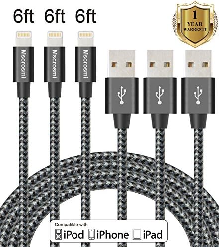 Mscrosmi iPhone Cable 3Pack 6ft Nylon Braided Lightning Cable for iPhone7/7 Plus, iPhone 6/6s, iPhone 6/6 Plus, iPhone 5/5s, Lighting Devices (black gray)