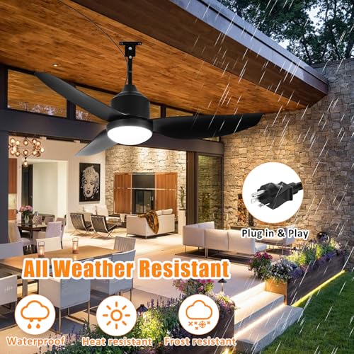 Depuley Outdoor Ceiling Fan with Light: 42 Inch Black Waterproof Gazebo Fans with Lights Outdoor Hanging - Plug in Remote App Control for Patios Indoor Farmhouse Porch - 6 Speed Reversible DC Motor