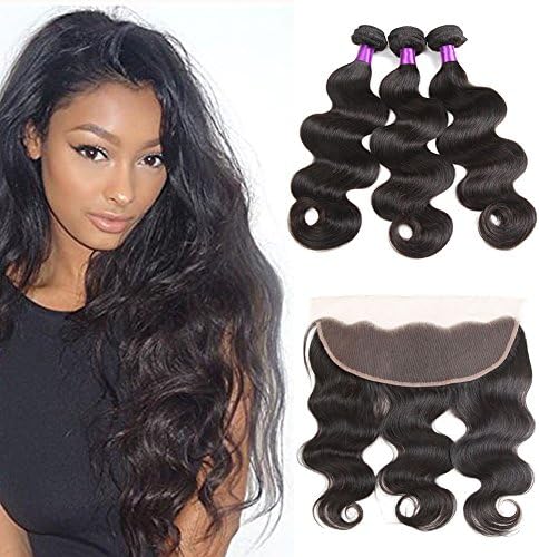 Ossilee Hair Lace Frontal with Bundles Malaysian Body Wave Human Hair with Frontal 8A Malaysian Virgin Hair Body Wave 3 Bundles with Lace Frontal Closure (12 14 16+10frontal, Natural Color)