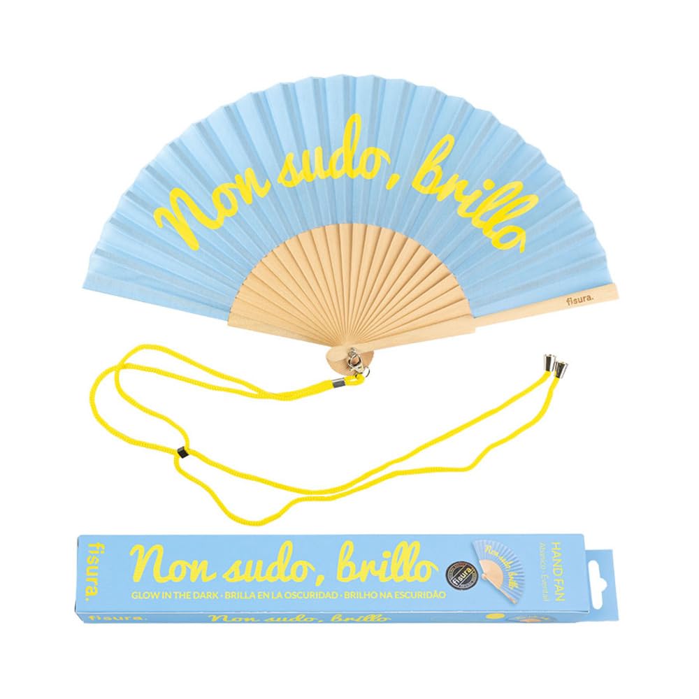 Fisura - Original handheld folding fan with the message in message in Italian and German wooden fan. Original holding Hand Fans. Fan with hanger included (Non sudo, blue)