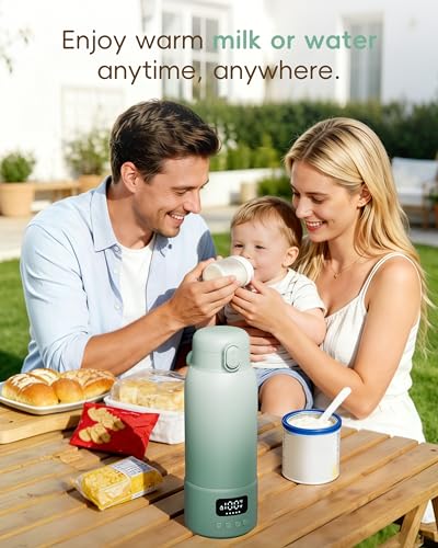 Portable Bottle Warmer for Travel, 17oz Large Capacity, 2-Min Fast Heating, Keep Warm Function, Long Battery Life, Ideal for Heating Breast Milk and Water On-the-Go, Green