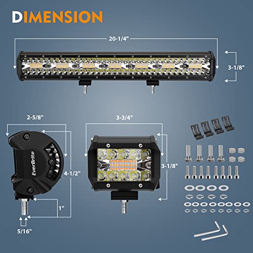 EverBrite 420W 20 Inch Led Light Bar, 2PCS 60W 4 Inch Led Pods, White Amber Strobe 6 Modes with Memory Function, Off Road 12V Led Lights for Trucks Car ATV SUV Cabin Boat, 16AWG Wiring Harness Kit