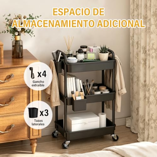 KIROGILY Carrito Organizador 3 Niveles, Carrito Organizador con Ruedas de Metal, Carritos Auxiliar con 4 Ganchos y 3 Cajas, Carritos de Servicio para Cocina Baño Estética (Negro)