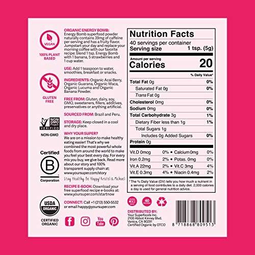 Your Super Energy Bomb PreWorkout Superfood Energy Drink Booster, With Banana, Guarana, Açaí